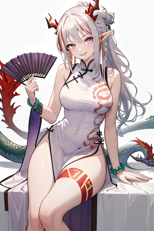 best quality, masterpiece, highres, solo, {nian_arknights:1.15}, horns, pointy_ears, white_hair, multicolored_hair, purple_eyes, red_hair, jewelry, streaked_hair, long_hair, bangs, breasts, smile, braid, dragon_horns, bracelet, tail, colored_skin, beads, bead_bracelet, red_skin, medium_breasts, 1girl, bare_shoulders, china_dress, chinese_clothes, dress, looking_at_viewer, official_alternate_costume, sleeveless, sleeveless_dress, white_dress, holding, folding_fan, hand_fan, holding_fan, folded_fan, dragon_tail, thighs, dragon_girl