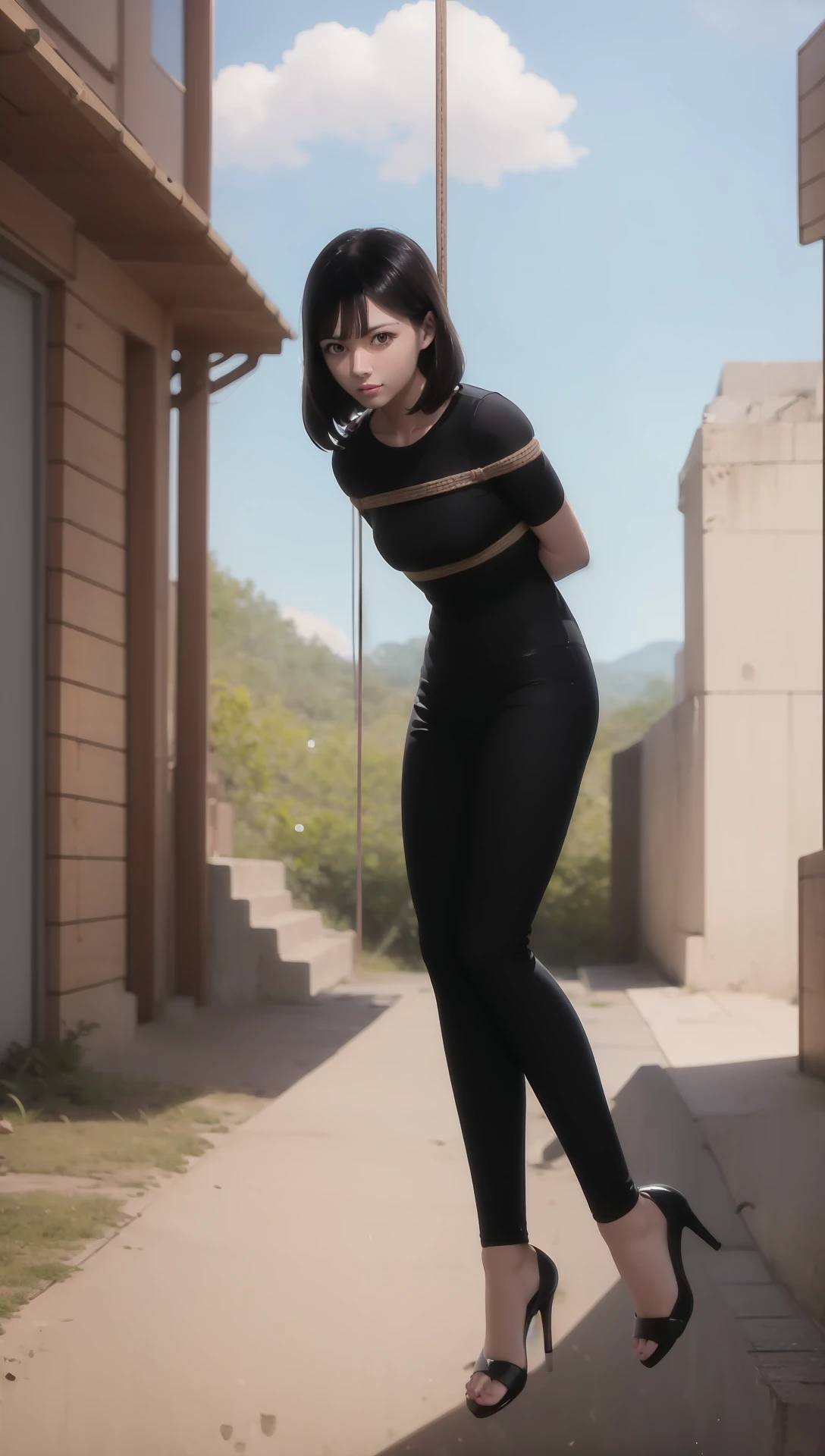 ((((ultra illustrated style:1.0)))),best quality,best animated,masterpiece,ray tracing, global illumination,suspension,1girl, solo,outdoors,full body, arms behind back, looking at viewer, high heels <lora:suspension_02:1>