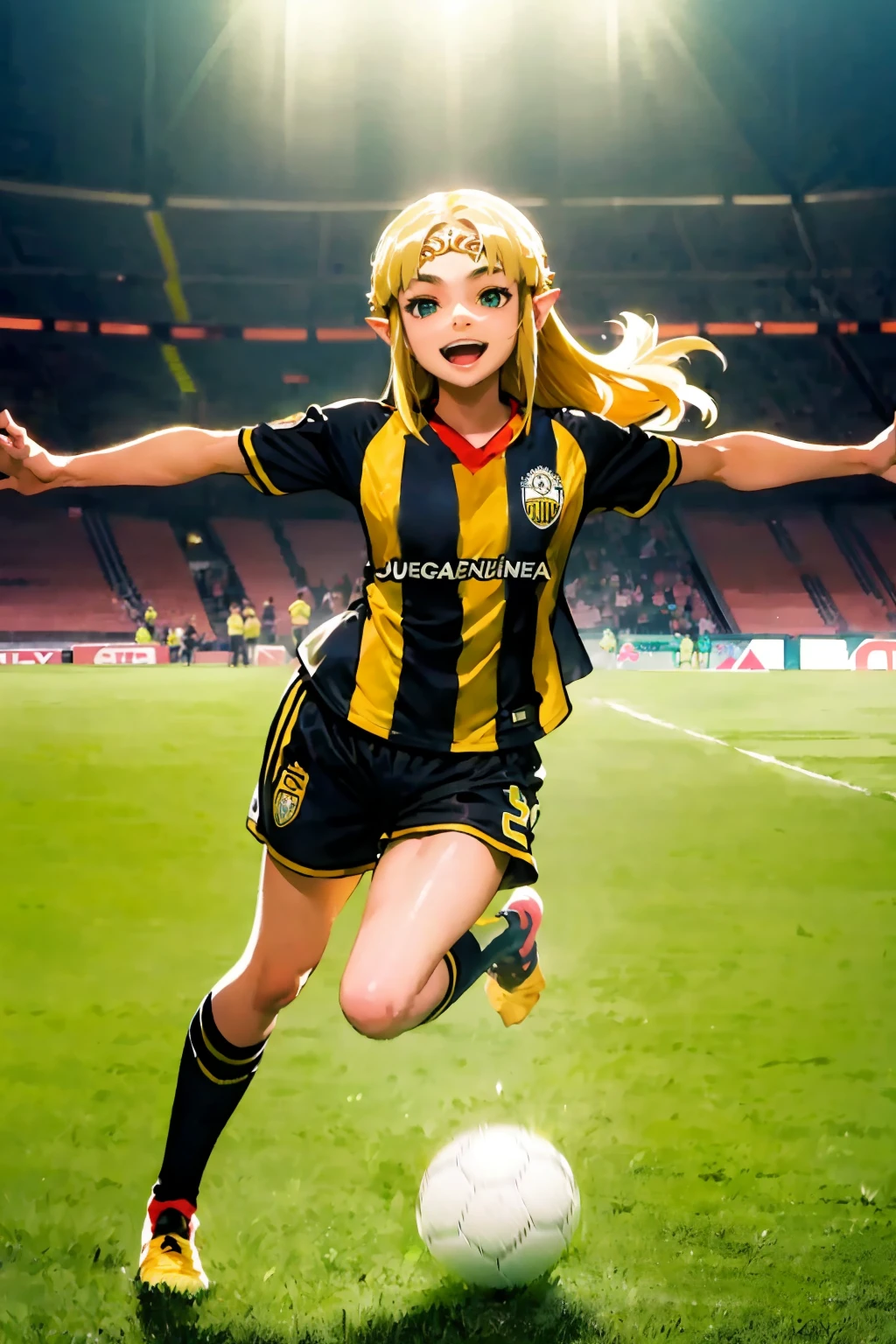 (extremely detailed CG unity 8k wallpaper), (best quality), (ultra-detailed), (best illustration), 1girl, detailed soccer stadium, outdoors, beautiful sunlight, soccer uniform, shorts, socks, soccer, (striped uniform), green field , <lora:zelda_ALBW_v1:0.6>, princess zelda, albw, long hair, blonde hair, <lyco:tachira-10:0.7>, tachira, crown, smiling