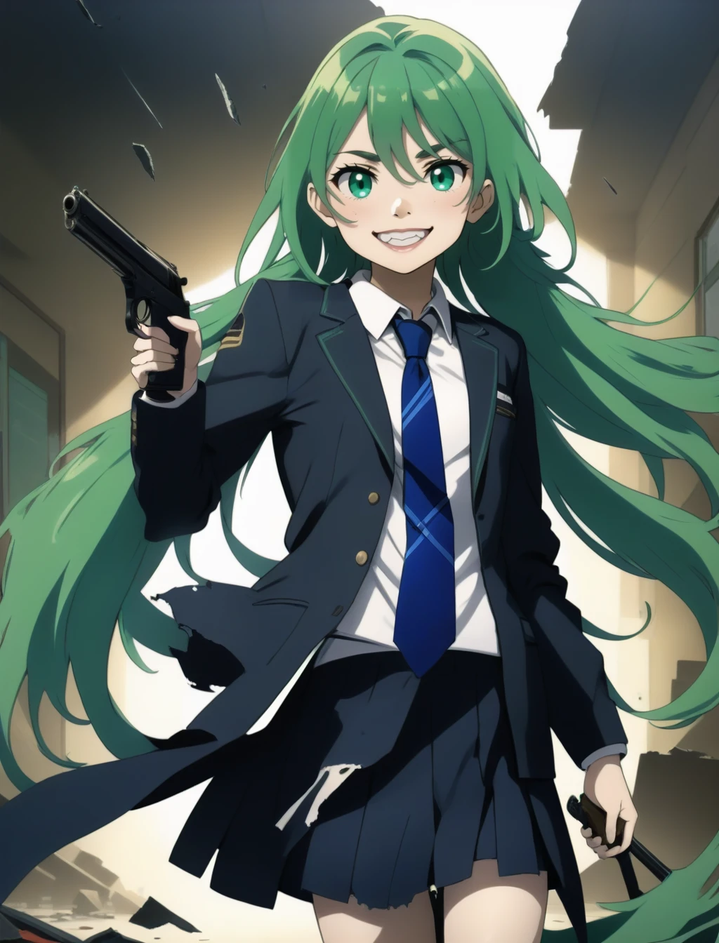1girl, holding gun, long green hair, school uniform, (torn clothes:1.2), standing, blue necktie, war background, smile, full body, masterpiece, best quality,