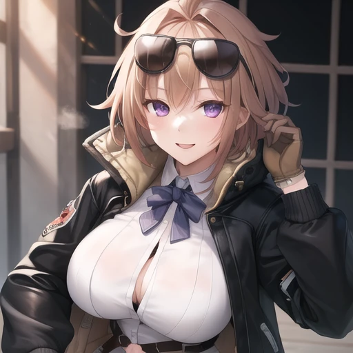 (masterpiece, best quality:1.2),illustration,8k,hd,1girl,solo,smile,upper body,(portrait:1.2),breasts,denim short shorts,jacket,large breasts,brown hair,purple eyes,short hair,eyewear on head,gloves,sunglasses,bangs,shirt,bra,belt,navel,long sleeves,white shirt,thighhighs,brown gloves,black thighhighs,<lora:Grizzly Mkv-V1:0.6>,