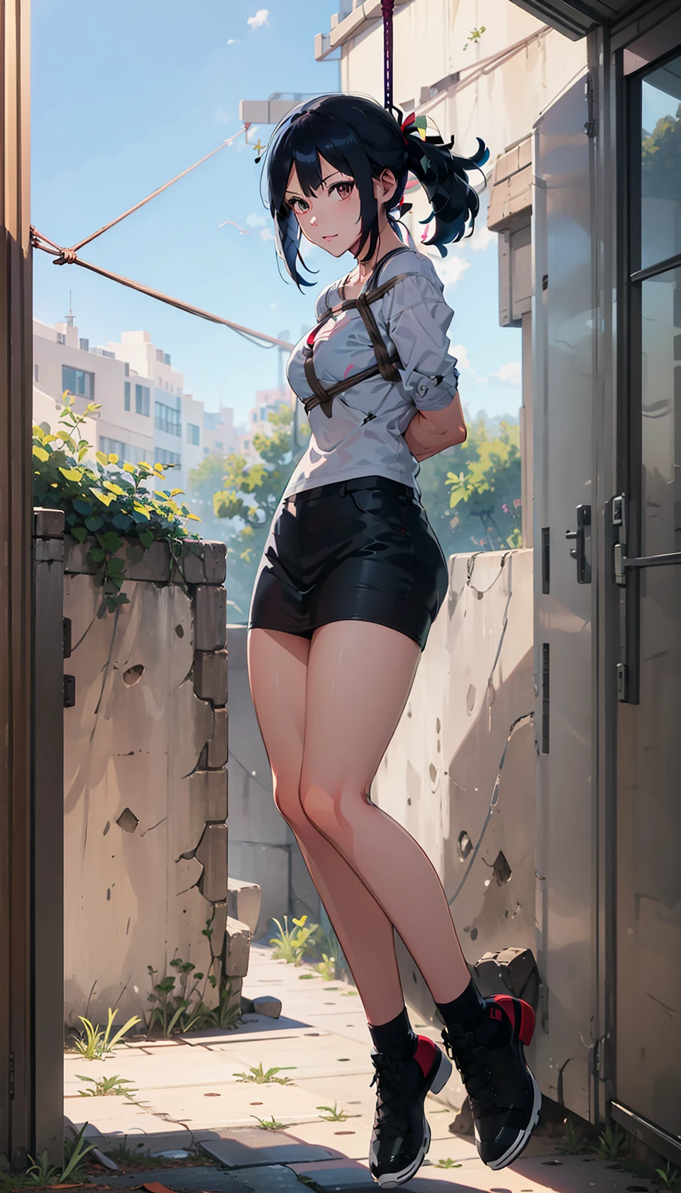 ((((ultra illustrated style:1.0)))),best quality,best animated,masterpiece,ray tracing, global illumination,suspension,1girl, solo,outdoors,full body, arms behind back, looking at viewer,feet off the ground<lora:suspension_02:1>