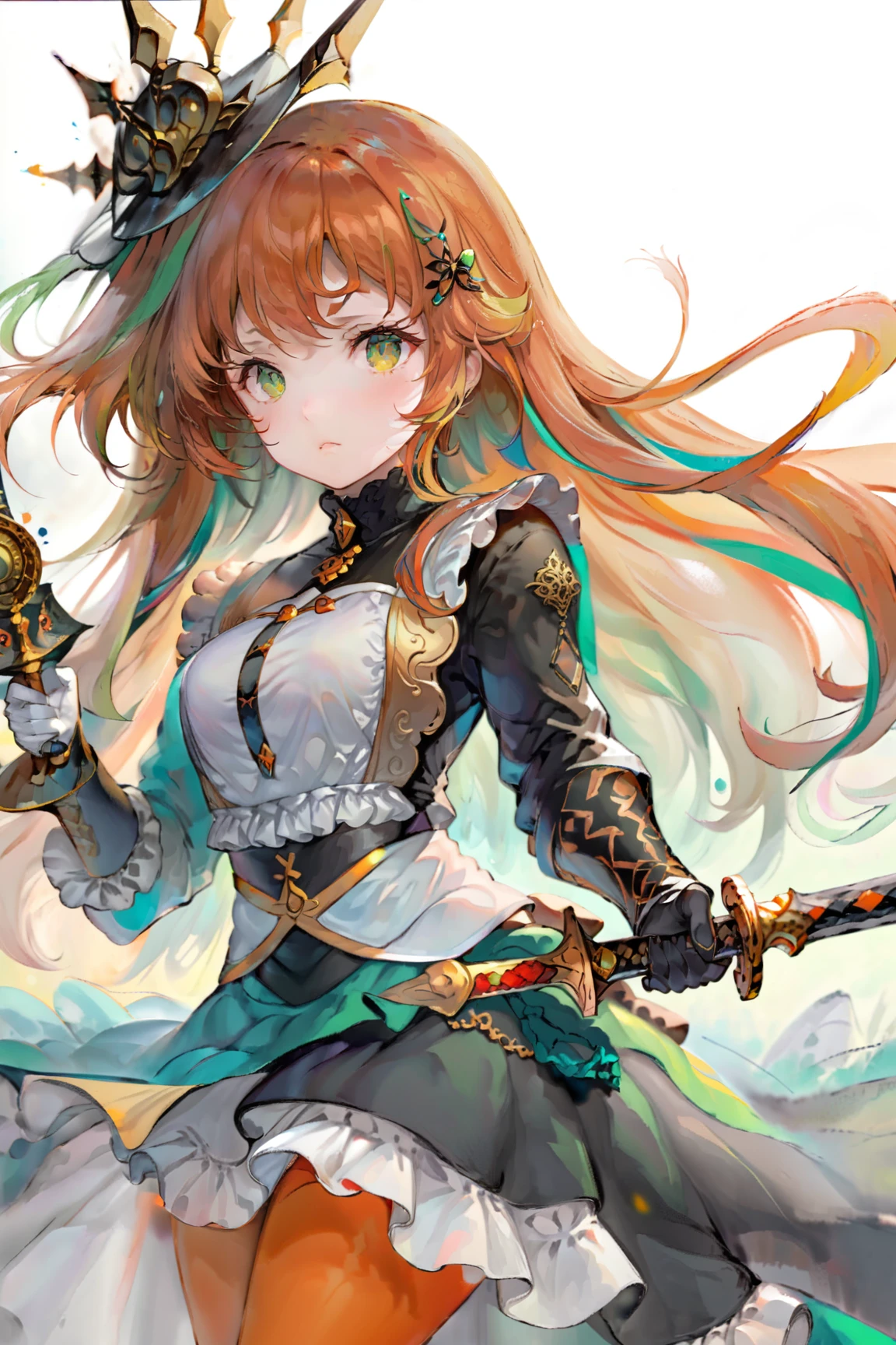 ultra-detailed,(best quality),((masterpiece)),(highres),original,extremely detailed 8K wallpaper,(an extremely delicate and beautiful),((detailed face)),beautiful detail eyes,
anime,momoko,suga,
1girl, solo, long hair, gloves, green eyes, holding, black gloves, looking at viewer, hair between eyes, weapon, closed mouth, bangs, long sleeves, orange hair, pantyhose, holding weapon, skirt, white background, sword, jewelry, dress, black dress, simple background, frills
[(white background:1.4)::5]
 <lora:moriti_xl:0.8>