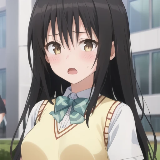(masterpiece, best quality:1.2),illustration,8k,hd,1girl,solo,upper body,(portrait:1.2),blush,open mouth,shy,black hair,brown eyes,long hair,bangs,hair between eyes,school uniform,bow,breasts,sweater vest,green skirt,socks,kneehighs,short sleeves,plaid skirt,pleated skirt,<lora:Kotegawa-V1:0.7>,