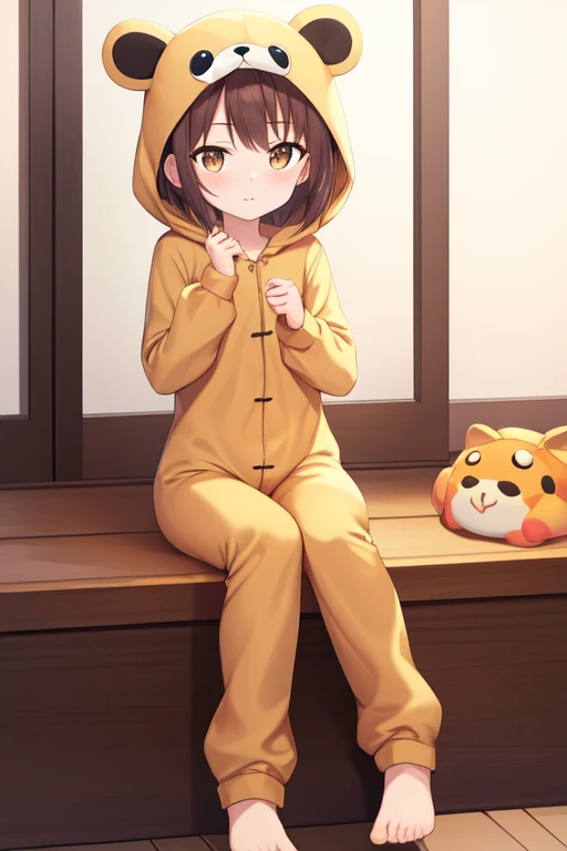 onesie, brown hair, hood up, short hair, full body, holding, sitting, brown eyes, closed mouth, standing, animal onesie