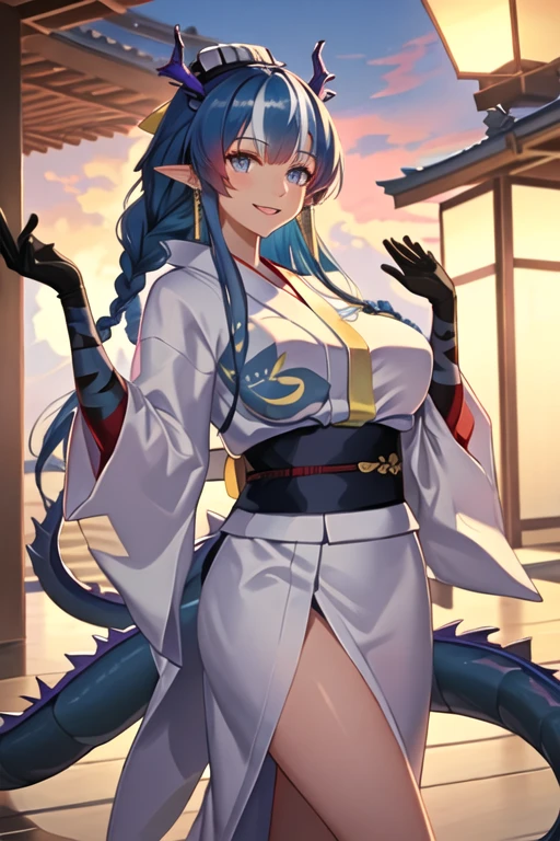 best quality, masterpiece, highres, solo, {yukata:1.40}, {kimono:1.20}, {ling_arknights:1.15}, blue_hair, horns, long_hair, dragon_horns, pointy_ears, very_long_hair, blue_eyes, breasts, jewelry, earrings, smile, necktie, braid, bangs, dragon_girl, yellow_necktie, multicolored_hair, large_breasts, tail, dragon_tail, parted_lips
