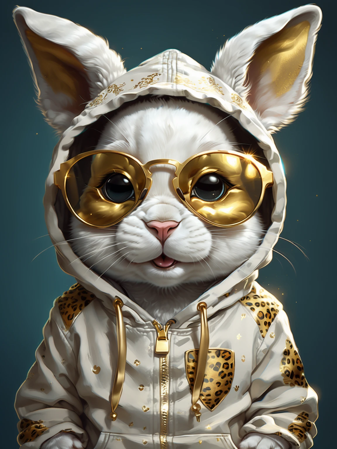 Full-bodied portrait, cute and adorable cartoon white rabbit baby wearing a gold jaguar print hoodie and silver sunglasses, fantasy, dreamlike, surrealism, super cute, trending on artstation <lora:xl_more_art-full-beta2:1>