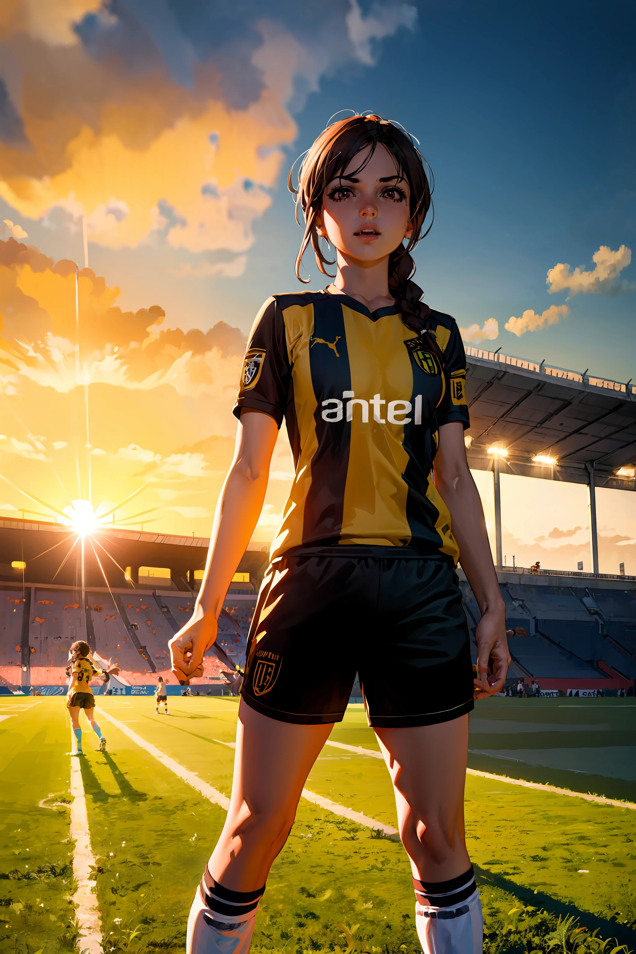 (extremely detailed CG unity 8k wallpaper), (best quality), (ultra-detailed), (best illustration), 1girl, detailed soccer stadium, outdoors, beautiful sunlight, soccer uniform, shorts, socks, soccer, (striped uniform), <lora:tombraider_classiclaracroft:0.8>, brown hair, brown eyes, <lyco:penarol-10:0.8>, penarol, lara croft, single braid, green field