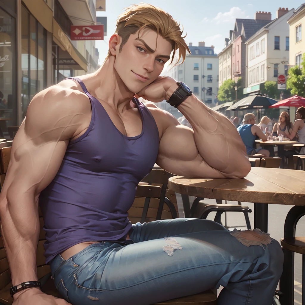 porco_galliard, blue tank top, jeans, sitting at a caf, wrist watch, arrogant smile, outdoors, sunlight, realistic <lora:porco_galliard:0.75>
