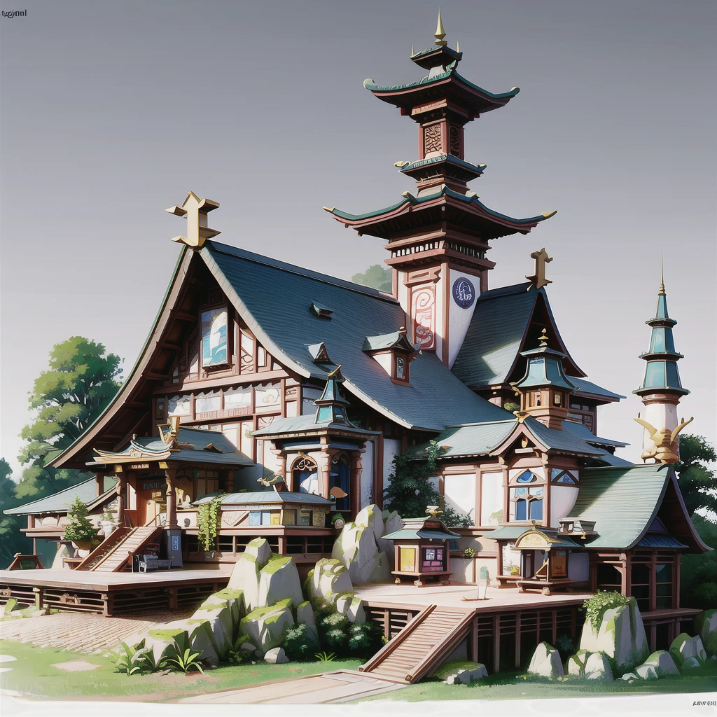 (masterpiece:1.2), best quality, masterpiece, highres, original, extremely detailed wallpaper, perfect lighting, CG,realism,oil painting,unreal engine,concept art,ruined,architecture, east_asian_architecture, scenery, building, tree, potted_plant, plant, no_humans,grey_background,
