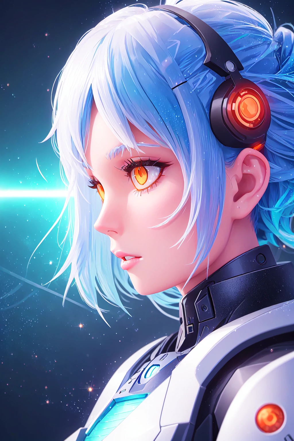 white hair, blue hair, orange hair, gradient hair, orange eyes, profile picture, cyberpunk background, robotic, hair flowing over, volumetric lighting, light particles, sparkling eyes, dystopian, colorful