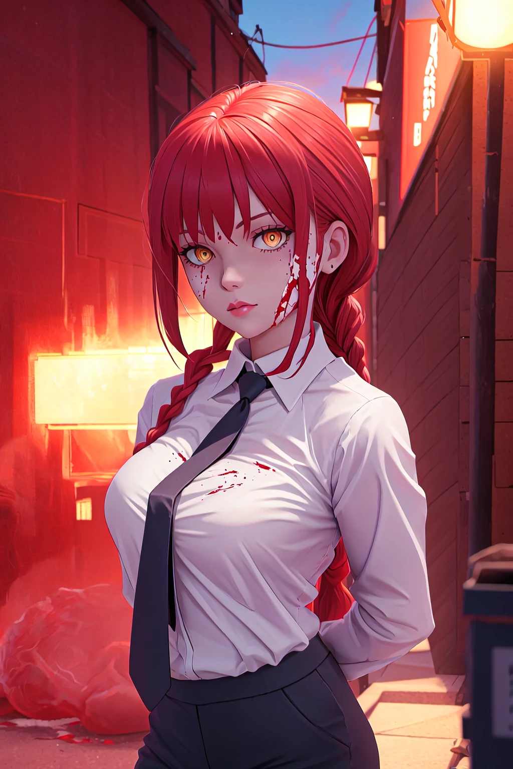<lyco:Makima:1>, makimav1, black necktie, single braid, blood on face, cowboy shot, volumetric lighting, ringed eyes, looking at viewer, mature female, arms behind back