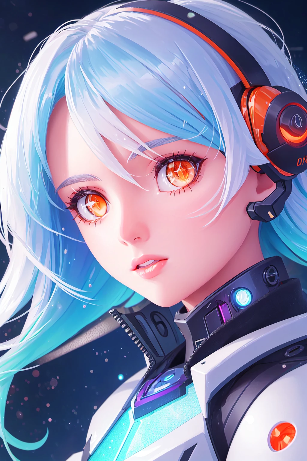 white hair, blue hair, orange hair, gradient hair, orange eyes, close-up, looking at viewer, cyberpunk background, robotic, hair flowing over, volumetric lighting, light particles, sparkling eyes, dystopian, colorful