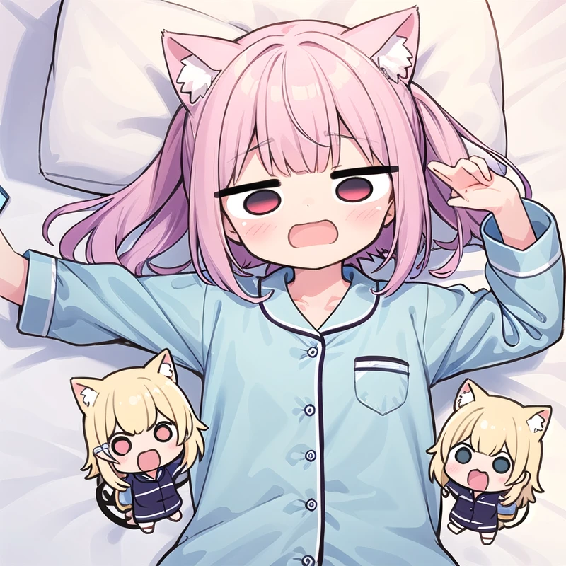 1girl, (chibi:1.4), BREAK, (wearing pink pajama:1.3), smile, open mouth, wavy mouth, red eyes, (lying on a bed, on back:1.3), from above, cowboy shot, BREAK, cat ear, <lora:wavymouth_type1_v100:0.5> <lora:hotarueye_jitome1_v100:1>, <lora:flat2:-0.3>