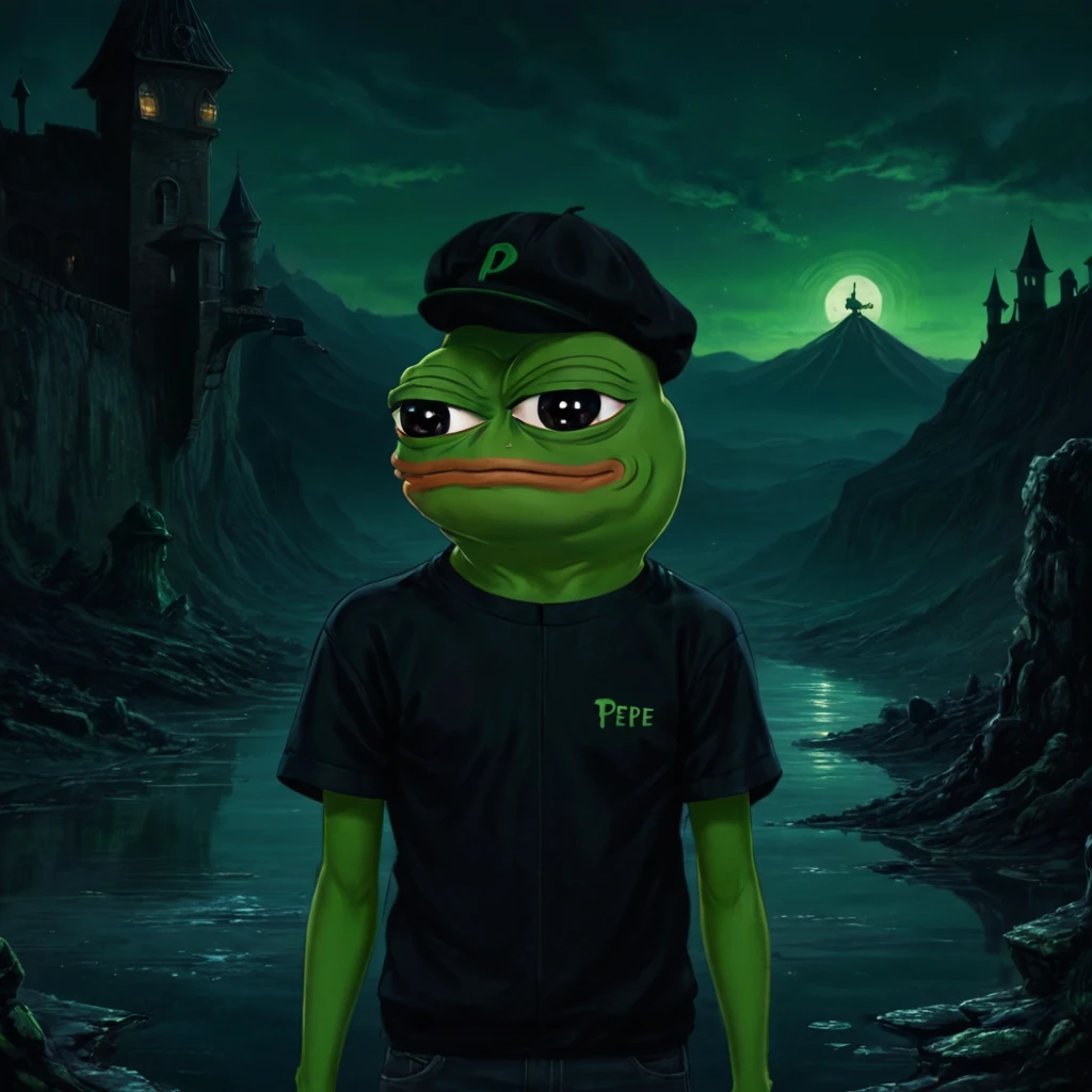 A dark and evil land, (((pepe_frog))), 1 boy <lora:pepe_frog SDXL:1.2>