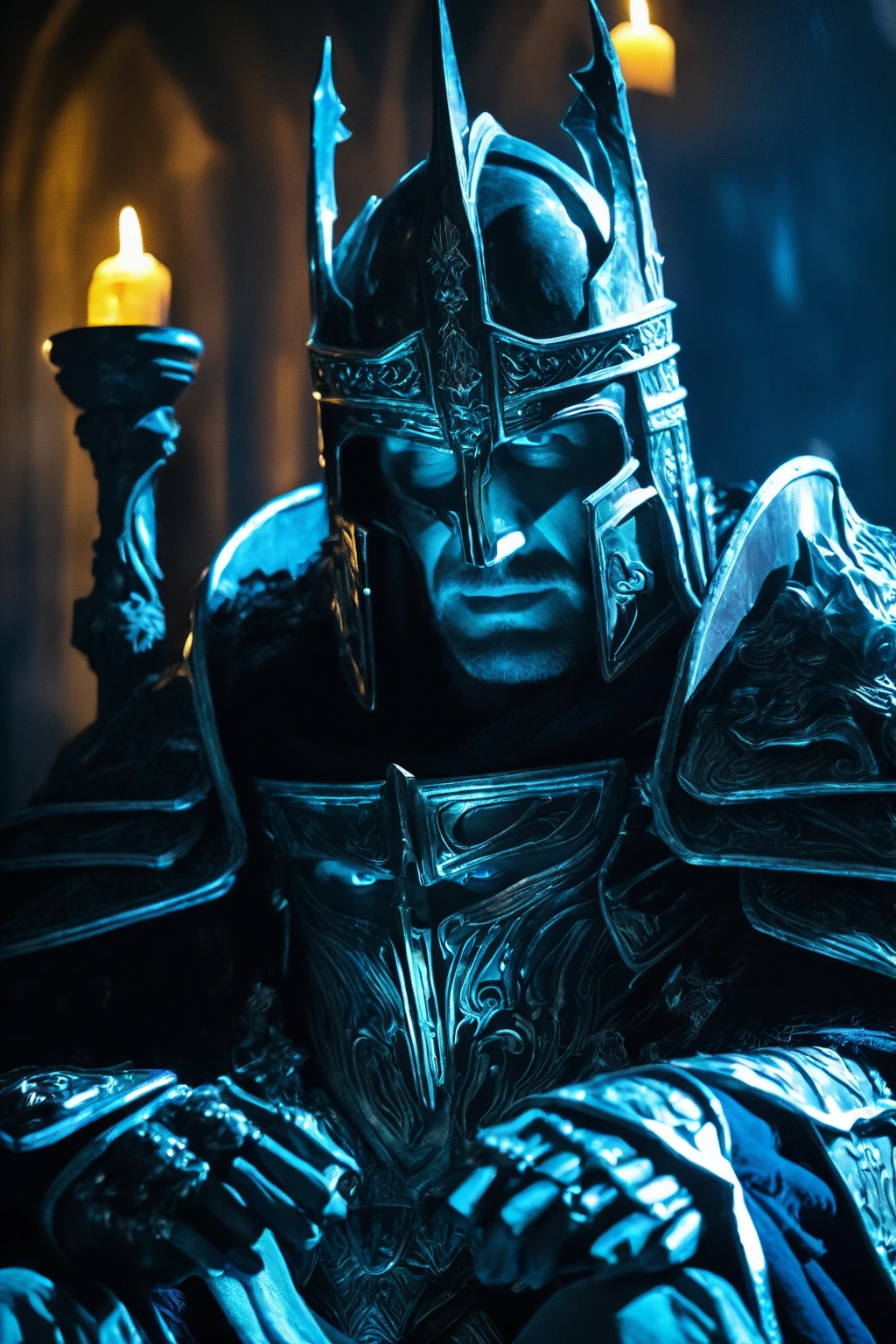 cinematic photo, western fantasy, Lich King with an aura of death, Throne of bones in a spectral chamber, Cinematic angle capturing his ominous aura amidst the eerie surroundings, Gritty and haunting mood, Play of shadows and candlelight creating a spectral ambiance, Focal length 50mm, aperture f/2.8, ISO 320, shutter speed 1/200.