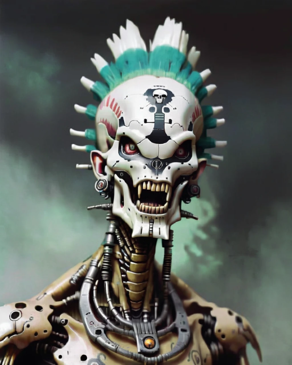 alien god , a person with a face painted with a skull and a mohawk robotic, big open mouth:1.2, aggressive:1.4 , screaming:1.3<lora:Alien_God_V3:1><lora:Alien_God_V3:1>