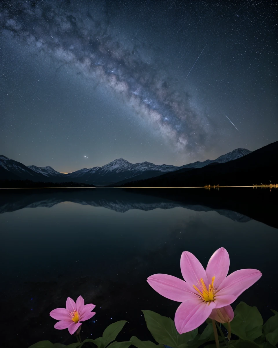 a lake with a mountain in the background and a night sky filled with stars above it and a few flowers in the foreground, space art, Arthur Pan, night sky, a microscopic photo