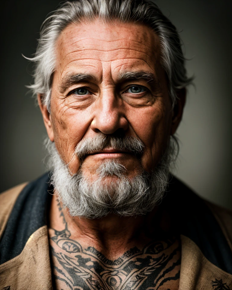 Hyper detailed photograph of a captivating portrait of a wise and weathered old sailor, adorned with nautical tattoos and a rugged expression that tells tales of countless voyages, award winning realistic photograph by the world best portrait photographer, overcast day, vivid fantasy colours, nikon, award winning, breathtaking, groundbreaking, superb, outstanding, lensculture landscape awards, photoshopped, evenly lit features, 8 k, hi res