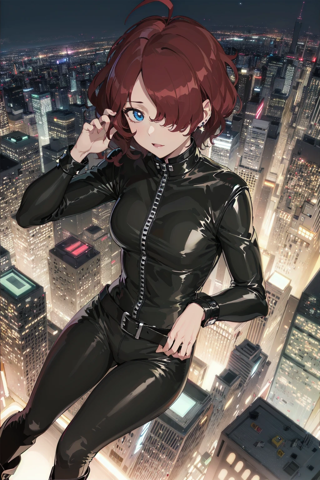 ,anime screencap, masterpiece, high detail, downtown, skyscraper, neon lights, night,
from above, climbing,
solo, ami, hair over one eye, stud earrings, black bodysuit, belt, black pants, black boots,
<lora:anime-lupin5-ami-t2:0.7>