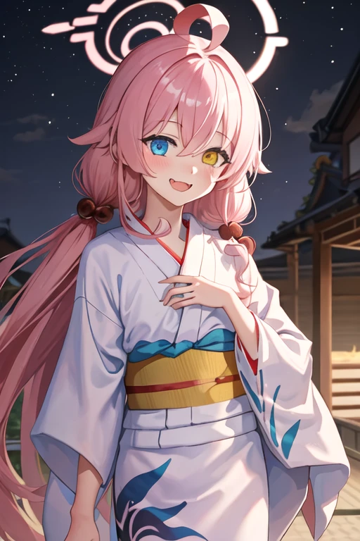 best quality, masterpiece, highres, solo, {yukata:1.40}, {kimono:1.20}, {hoshino_bluearchive:1.15}, ahoge, pink_hair, long_hair, halo, bangs, blue_eyes, very_long_hair, yellow_eyes, heterochromia, open_mouth, blush, hair_between_eyes, smile, fang, necktie