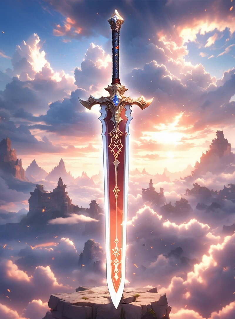 (masterpiece, best quality:1.5)
Arcana weapon, cloud, cloudy sky, fantasy, no humans, outdoors, scenery, sky, sunset, sword, weapon