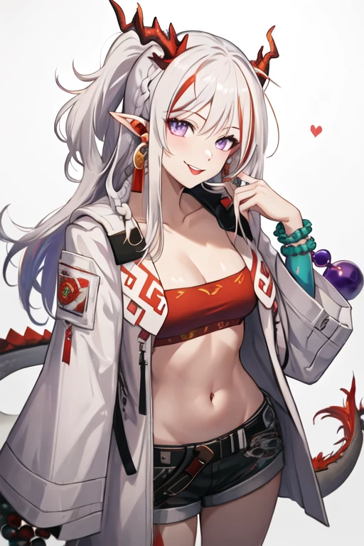 best quality, masterpiece, highres, solo, {mudrock_arknights:1.15}, horns, long_hair, bangs, red_eyes, pointy_ears, white_hair, breasts, hair_ornament, infection_monitor_\(arknights\), large_breasts, upper_body, oripathy_lesion_\(arknights\), cleavage, jewelry, parted_lips, grey_hair, hair_flower, 1girl, bare_shoulders, choker, crop_top, elite_ii_\(arknights\), looking_at_viewer, midriff, navel, off_shoulder, sports_bra, stomach, open_clothes, collarbone