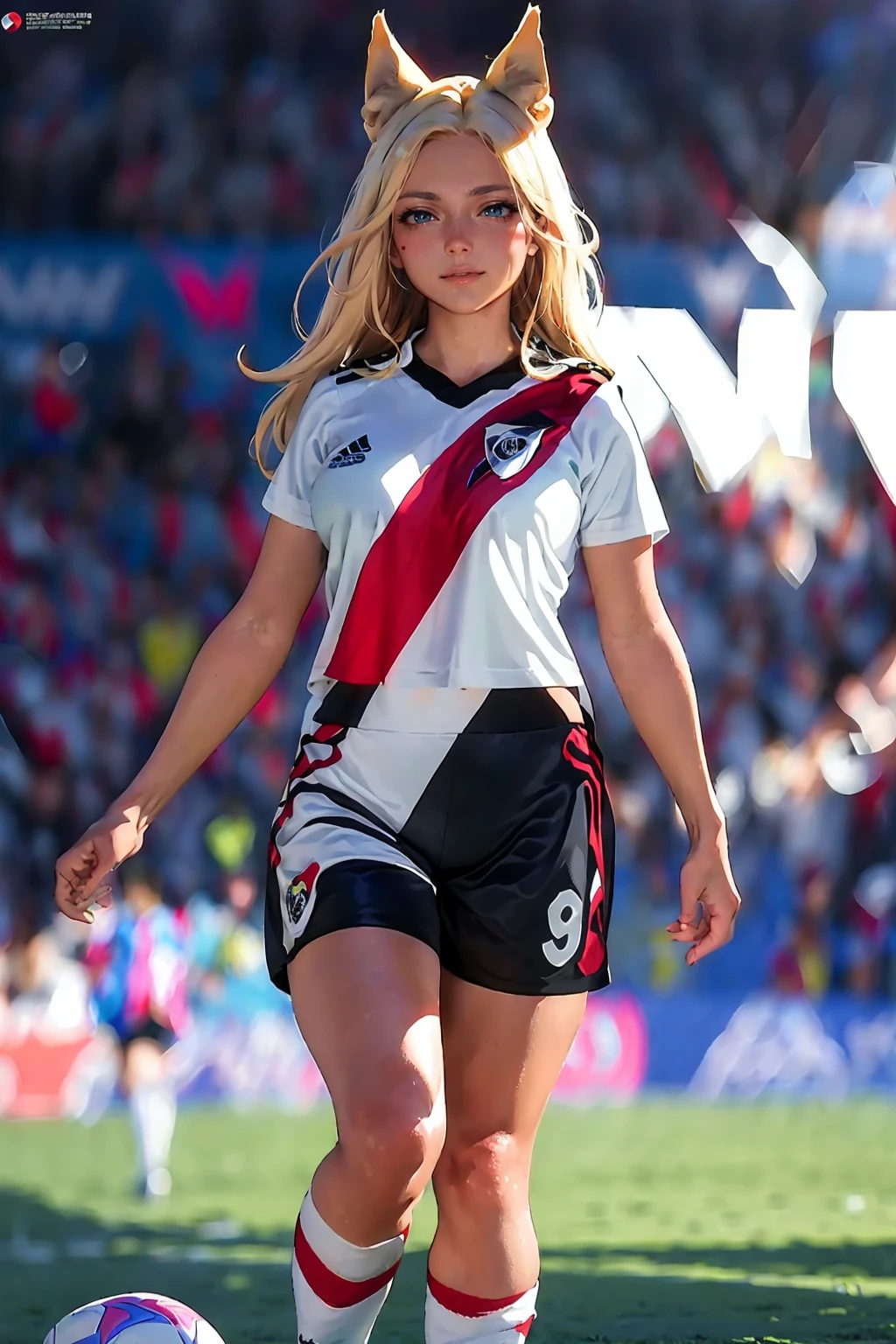 (extremely detailed CG unity 8k wallpaper), (best quality), (ultra-detailed), (best illustration), 1girl, detailed soccer stadium, outdoors, beautiful sunlight, soccer uniform, shorts, socks, soccer, green field, smiling, (wide hips, large breasts), long blonde hair, <lyco:riverplate-10:1>, riverplate, <lora:kda_all_out_ahri-000035:0.55>, kda all out ahri, fox ears, ((white uniform, red stripe))