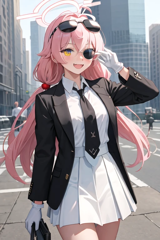 best quality, masterpiece, highres, solo, {black business suit:1.40}, {tie:1.20}, {sunglasses:1.25}, {white gloves:1.15}, {white shirt:1.10}, {black skirt:1.15}, {smoking:1.20}, handsome, {hoshino_bluearchive:1.15}, ahoge, pink_hair, long_hair, halo, bangs, blue_eyes, very_long_hair, yellow_eyes, heterochromia, open_mouth, blush, hair_between_eyes, smile, fang, necktie