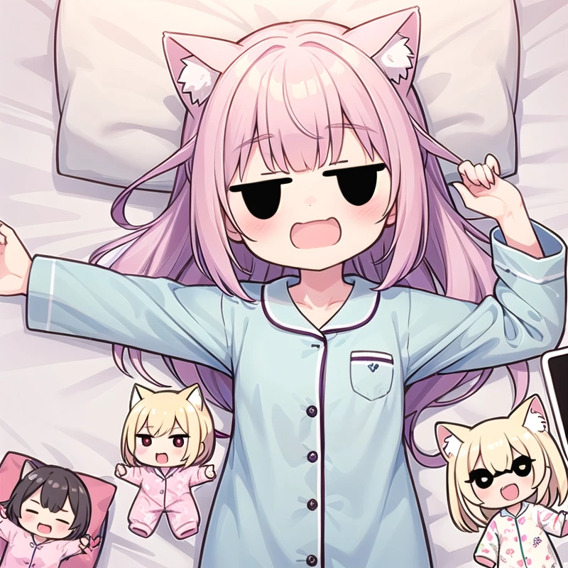 1girl, (chibi:1.4), BREAK, (wearing pink pajama:1.3), smile, open mouth, wavy mouth, red eyes, (lying on a bed, on back:1.3), from above, cowboy shot, BREAK, cat ear, 
<lora:flat2:-0.3>
<lora:wavymouth_type1_v100:0.5>
<lora:hotarueye_jitome4_v100:1>