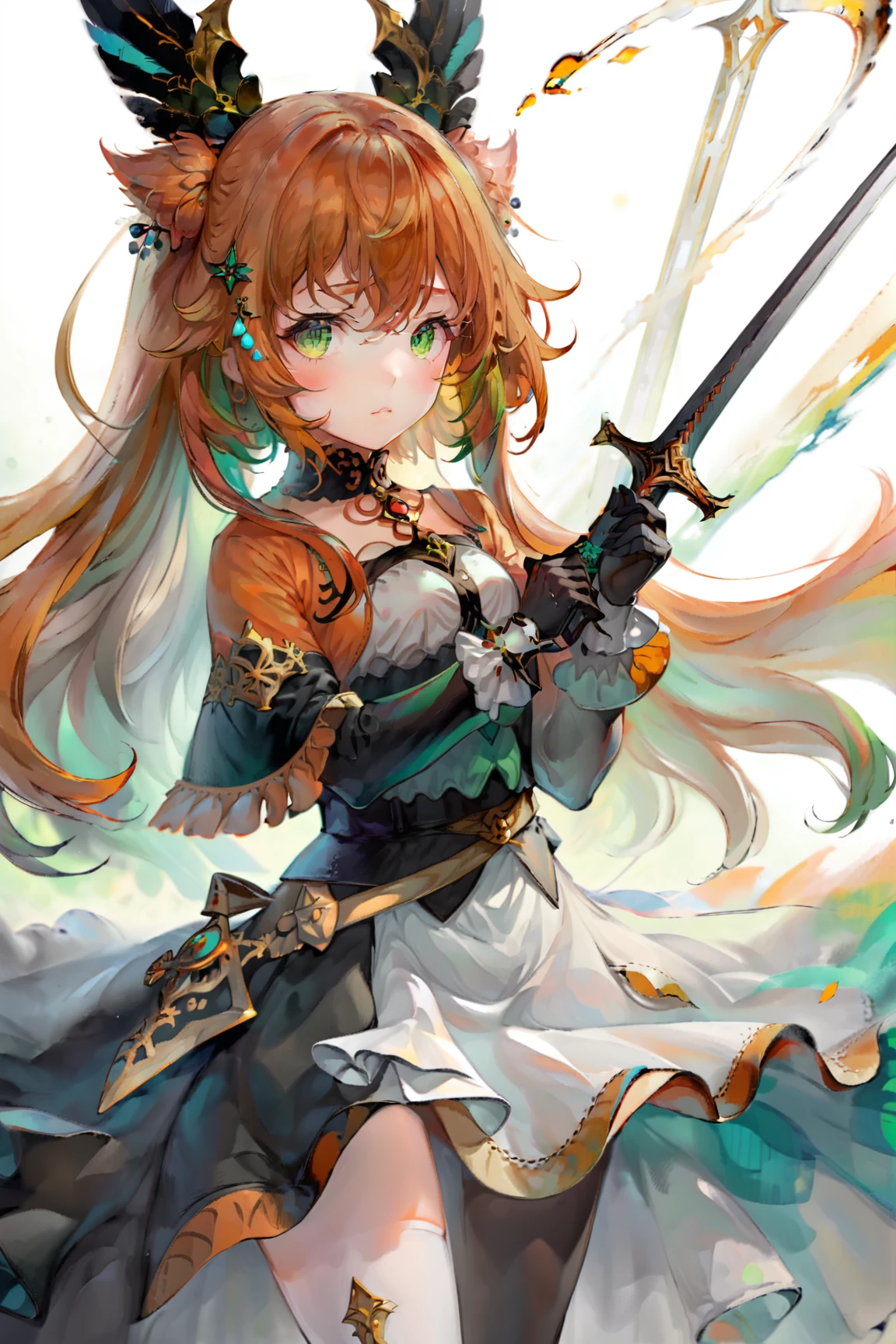 ultra-detailed,(best quality),((masterpiece)),(highres),original,extremely detailed 8K wallpaper,(an extremely delicate and beautiful),((detailed face)),beautiful detail eyes,
anime,momoko,suga,
1girl, solo, long hair, gloves, green eyes, holding, black gloves, looking at viewer, hair between eyes, weapon, closed mouth, bangs, long sleeves, orange hair, pantyhose, holding weapon, skirt, white background, sword, jewelry, dress, black dress, simple background, frills
[(white background:1.4)::5]
 <lora:moriti_xl:0.8>