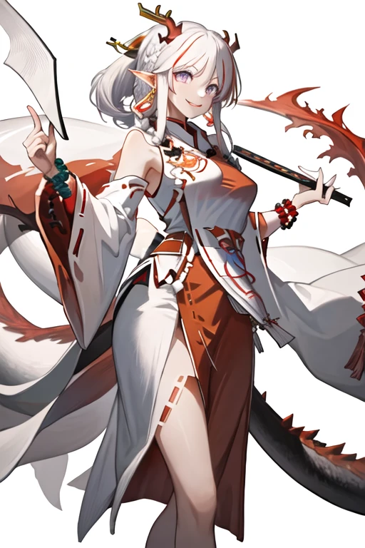 best quality, masterpiece, highres, solo, {miko attire:1.40}, {white kimono:1.20}, {red hakama:1.20}, {wide sleeves:1.15}, {nian_arknights:1.15}, horns, pointy_ears, white_hair, multicolored_hair, purple_eyes, red_hair, jewelry, streaked_hair, long_hair, bangs, breasts, smile, braid, dragon_horns, bracelet, tail, colored_skin, beads, bead_bracelet, red_skin, medium_breasts