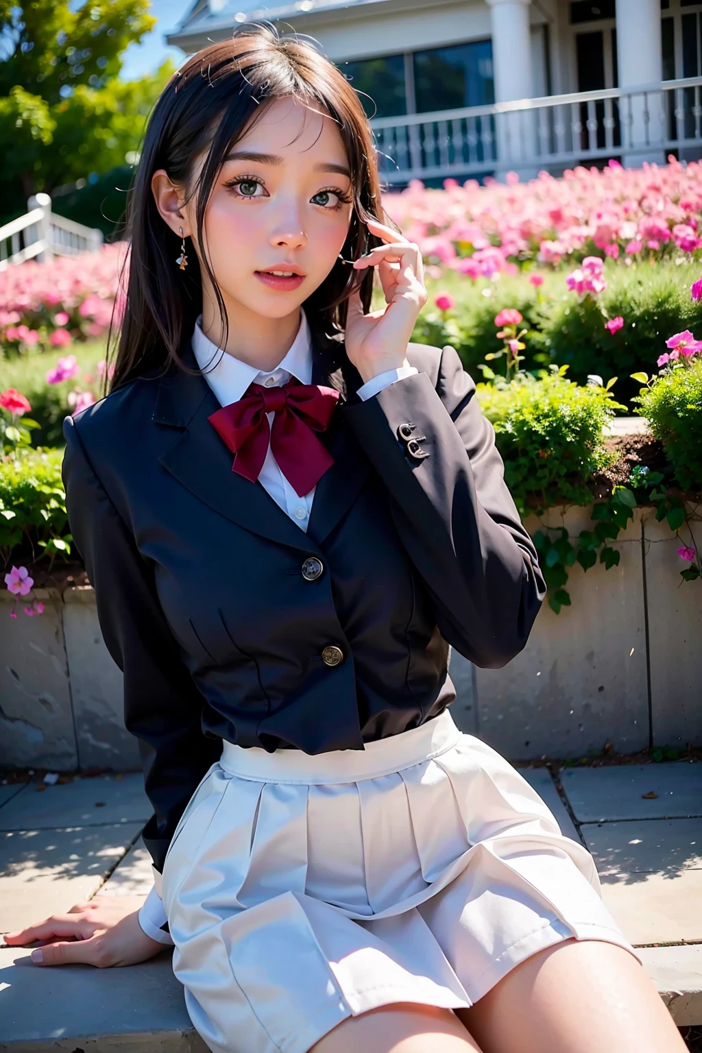 (masterpiece), best quality, expressive eyes, perfect face, 1girl, formal uniform, looking and turning to the viewer, polite majestic pose, flower garden background, <lora:waifumiia-02:1>