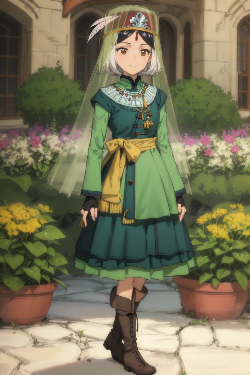 , classic school, garden, spring,
standing, light smile,
dolma, hairclip, forehead jewel, national costume, jewelry, hat, hat feather, emblem, yellow sash, veil, green dress, layered dress, long sleeves, long skirt, boots, fingerless gloves
<lora:anime-lupin5-dolma-t1-000100:0.7>