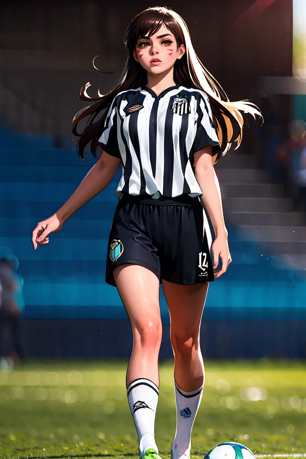 (extremely detailed CG unity 8k wallpaper), (best quality), (ultra-detailed), (best illustration), 1girl, detailed soccer stadium, outdoors, beautiful sunlight, soccer uniform, shorts, socks, soccer, (striped uniform), green field <lora:D.vaV3:0.55>, deeva \(overwatch 1 version\), d.va /(overwatch 1/), medium breasts, <lyco:santosfc-10:0.85>, santosfc, black stripes, white stripes, long hair, solo, brown hair, brown eyes, face marking