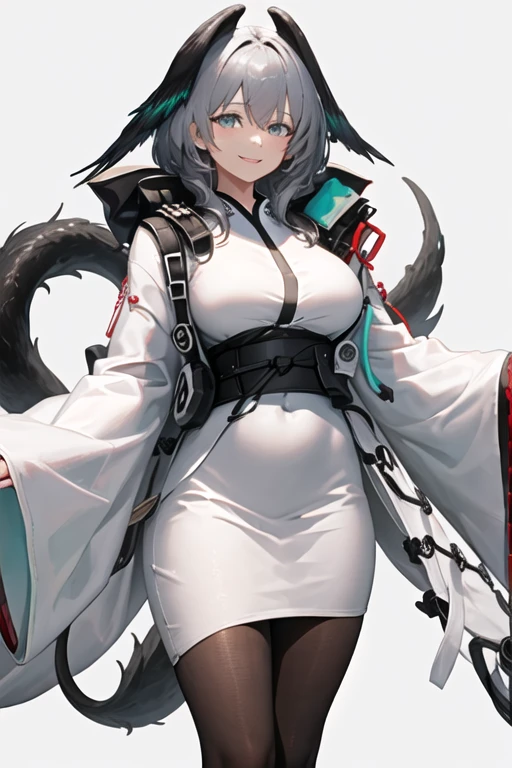 best quality, masterpiece, highres, solo, {white kimono:1.35}, {red hakama:1.35}, {wide sleeves:1.20}, {ho_olheyak_arknights:1.15}, grey_hair, bangs, breasts, head_wings, smile, large_breasts, hair_between_eyes, tail, green_eyes, short_hair, blue_eyes
