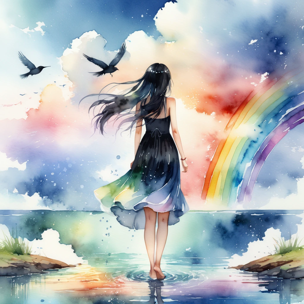 masterpiece, best quality, absurdres, illustration, watercolor, 1girl, solo, long hair, black hair, dress, skirt hold, wading, sleeveless, barefoot, bare shoulders, standing, from behind, outdoors, cloud, sky, bird, water, rainbow, <lora:xl_more_art-full-beta2:0.7>