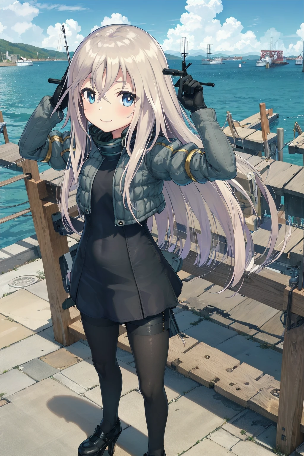 port, Wharf, fleet, sky, cloud, 
standing, light smile,
 u-511 \(pump\),  military uniform, no headwear, cropped jacket, puffy sleeves, long sleeves, gloves, black_dress, black pantyhose, high heels,
 <lora:kancolle-u500(pump)-000050:0.7>