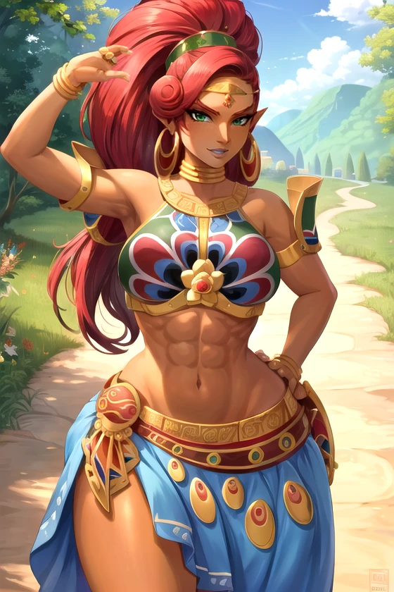 masterpiece, best quality,dynamic pose, solo, absurdres,scenery, <lora:GAME_Gerudo_urbosa_aiwaifu69-10:1>, GAME_Gerudo_urbosa_aiwaifu, aiwaifu69,tall_female,Urbosa, large breasts,abs, armor, blue lips, very long hair, circlet, crop top, dark-skinned female, dark skin, earrings, green eyes, hoop earrings, jewelry, long hair, long skirt, makeup, midriff, muscular, muscular female, narrowed eyes, navel, neck ribbon, pointy ears, print skirt, red hair, ribbon, shoulder armor, side slit, swept bangs, tan, wide ponytail, big hair, wide hips, toned, curvy, gerudo,ornate,