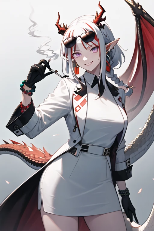 best quality, masterpiece, highres, solo, {black business suit:1.40}, {tie:1.20}, {sunglasses:1.25}, {white gloves:1.15}, {white shirt:1.10}, {black skirt:1.15}, {smoking:1.20}, handsome, {nian_arknights:1.15}, horns, pointy_ears, white_hair, multicolored_hair, purple_eyes, red_hair, jewelry, streaked_hair, long_hair, bangs, breasts, smile, braid, dragon_horns, bracelet, tail, colored_skin, beads, bead_bracelet, red_skin, medium_breasts