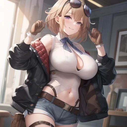 (masterpiece, best quality:1.2),illustration,8k,hd,1girl,solo,smile,breasts,denim shorts,jacket,large breasts,brown hair,purple eyes,short hair,eyewear on head,gloves,sunglasses,bangs,shirt,bra,belt,navel,long sleeves,white shirt,thighhighs,brown gloves,black thighhighs,<lora:Grizzly Mkv-V1:0.6>,