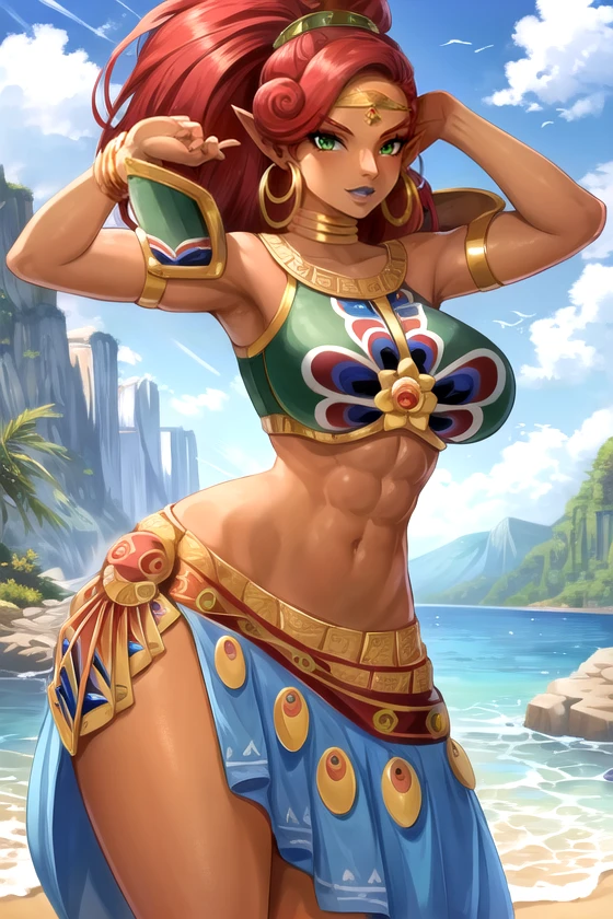 masterpiece, best quality,dynamic pose, solo, absurdres,scenery, <lora:GAME_Gerudo_urbosa_aiwaifu69-10:1>, GAME_Gerudo_urbosa_aiwaifu, aiwaifu69,tall_female,Urbosa, large breasts,abs, armor, blue lips, very long hair, circlet, crop top, dark-skinned female, dark skin, earrings, green eyes, hoop earrings, jewelry, long hair, long skirt, makeup, midriff, muscular, muscular female, narrowed eyes, navel, neck ribbon, pointy ears, print skirt, red hair, ribbon, shoulder armor, side slit, swept bangs, tan, wide ponytail, big hair, wide hips, toned, curvy, gerudo,ornate,