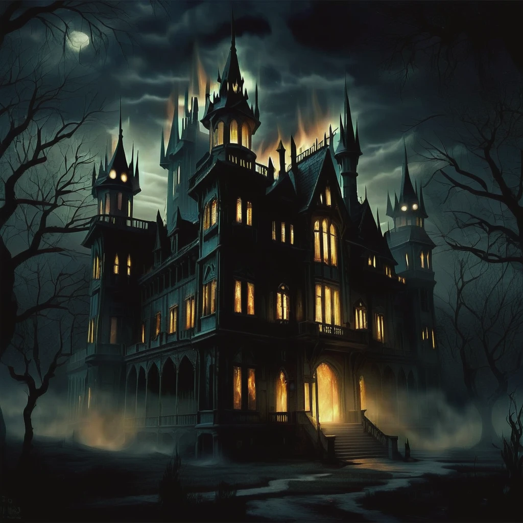dark, eerie,Celestial Palace of Everlasting Light, Plastic Lumber, Halogen Floodlights, Flame Lights, detailed, <lora:DonMn1ghtm4reXL:0.8>