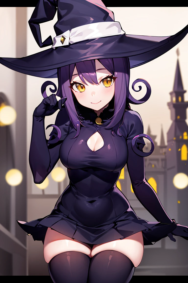 centered, award winning photo, (looking at viewer:1.2), | smile, Blair_Soul_Eater, curvy, witch hat, short skirt, thighhighs |dark magic, crescent moon, | dynamic pose, contrapposto, bokeh, depth of field, cinematic composition, | <lora:Blair_Soul_Eater:0.7>