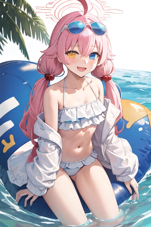 best quality, masterpiece, highres, solo, {hoshino_bluearchive:1.15}, ahoge, pink_hair, long_hair, halo, bangs, blue_eyes, very_long_hair, yellow_eyes, heterochromia, open_mouth, blush, hair_between_eyes, smile, fang, necktie, 1girl, bikini, eyewear_on_head, frilled_bikini, frills, hair_bobbles, hair_ornament, low_twintails, sunglasses, swimsuit, twintails, white_bikini, blue_jacket, jacket, looking_at_viewer, collarbone, navel, open_clothes, long_sleeves, off_shoulder, open_jacket, inflatable_toy, bare_shoulders, white_background
