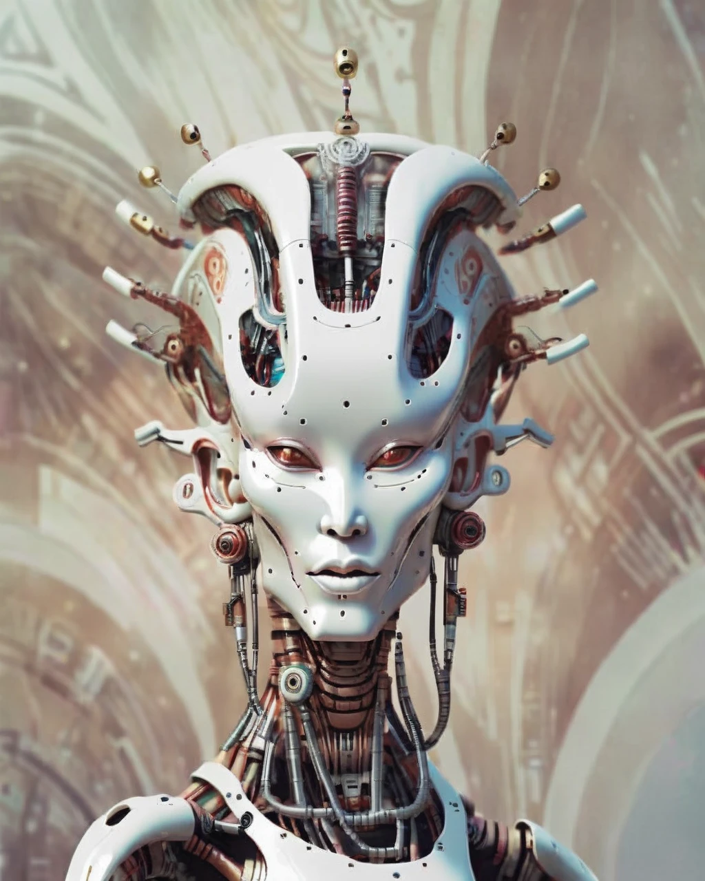 Abstract style a white and gold robot with a helmet,beeple and james jean,trending on artstatioin,russian clothes,elegant fabric,by Miroslava Sviridova,cyberpunk art ultrarealistic 8k,cyborg nobleman,extremely fine details,pioneering aesthetic,future baroque,1 0 % cyberpunk,by Emanuel Büchel,<lora:ral-mndlbrt-sdxl:0.8>,ral-mndlbrt, . Non-representational