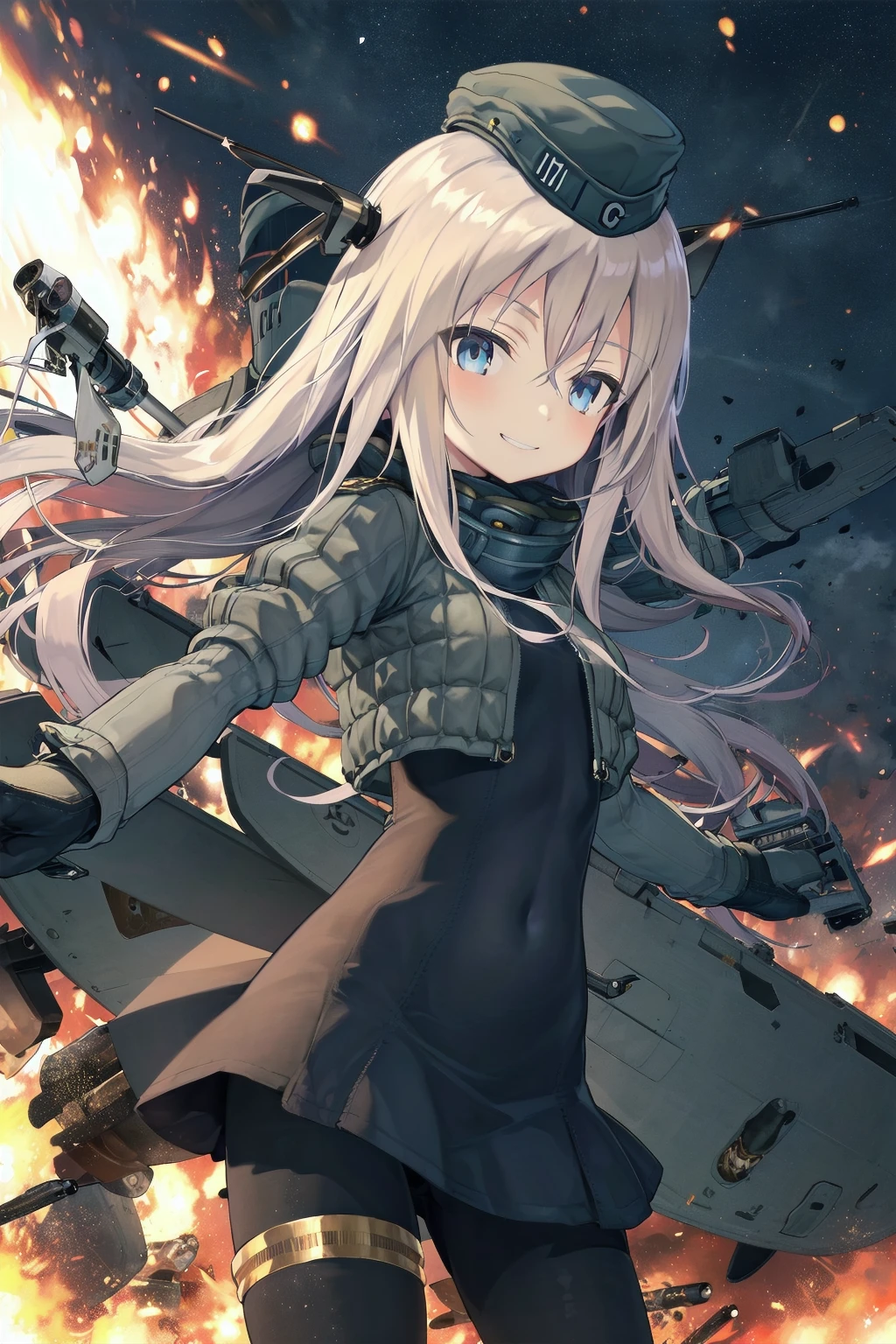 , combat field, sky, explosion, 
standing, evil smile,
 u-511 \(pump\),  military uniform, garrison cap, cropped jacket, puffy sleeves, long sleeves, gloves, black_dress, black pantyhose, high heels,
 <lora:kancolle-u500(pump)-000050:0.7>