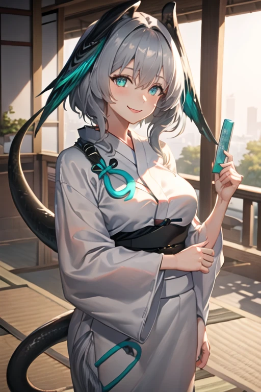best quality, masterpiece, highres, solo, {yukata:1.40}, {kimono:1.20}, {ho_olheyak_arknights:1.15}, grey_hair, bangs, breasts, head_wings, smile, large_breasts, hair_between_eyes, tail, green_eyes, short_hair, blue_eyes