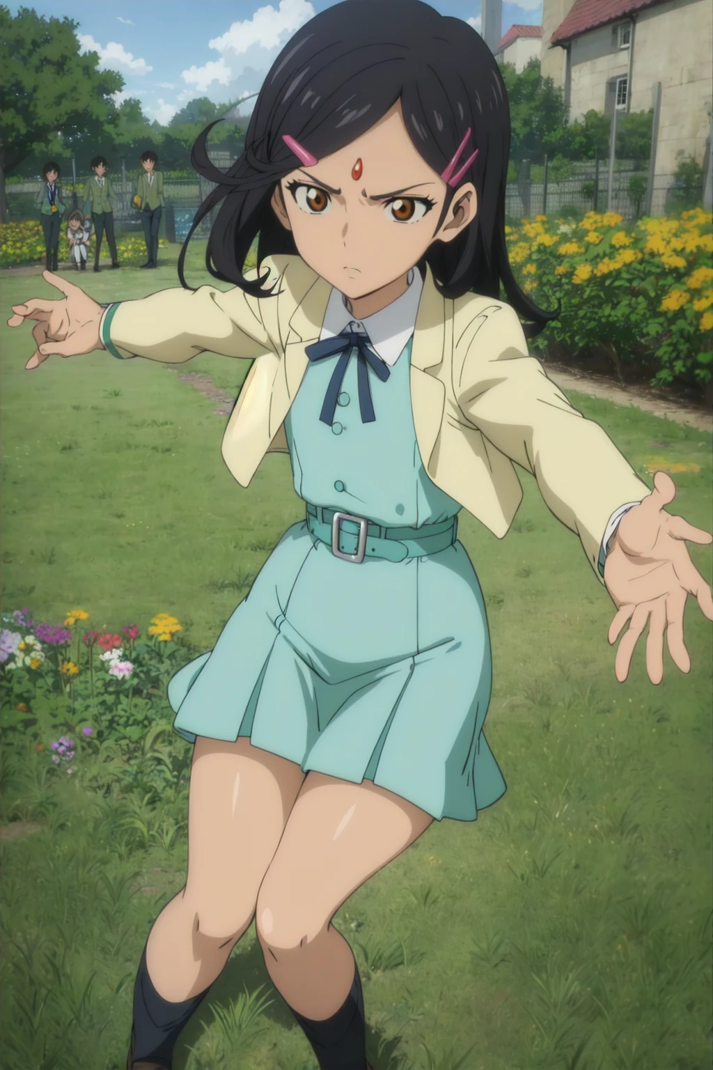 anime screencap, classic school, garden,
high kick, action pose, serious
dolma, hairclip, forehead jewel, school uniform, collar, neck ribbon, blue dress, yellow jacket, belt, long sleeves, black socks, loafers,
<lora:anime-lupin5-dolma-t1-000100:0.7>