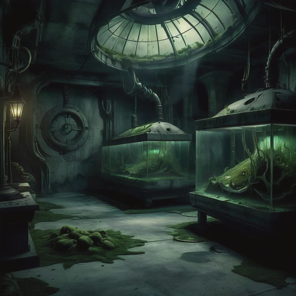 dark, eerie,Time-looped Protective Sanctum, Pillows, Concrete Flooring, Algae Bioreactors for Lighting, Accent Lighting, fantasy, detailed, <lora:DonMn1ghtm4reXL:0.8>